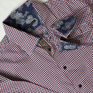 Visconti Shirt Flip Cuff Long Sleeve XL Mercerized Cotton Houndstooth Red Blue
